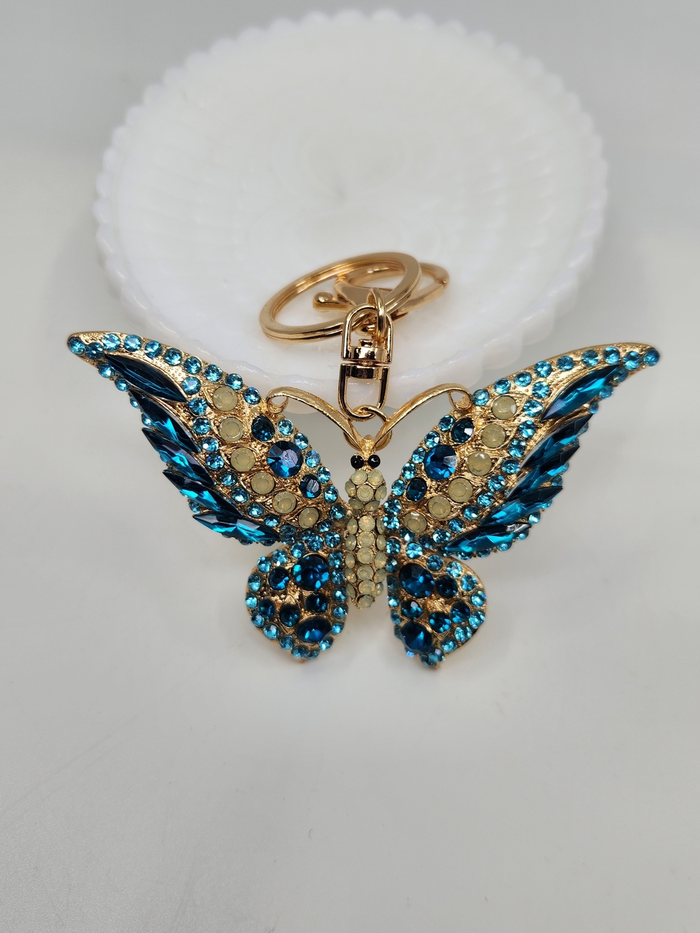 Gold-Tone Blue Crystal Butterfly Keychain Charm